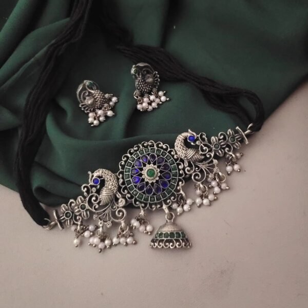 Traditional Oxidised Peacock Choker with Earrings