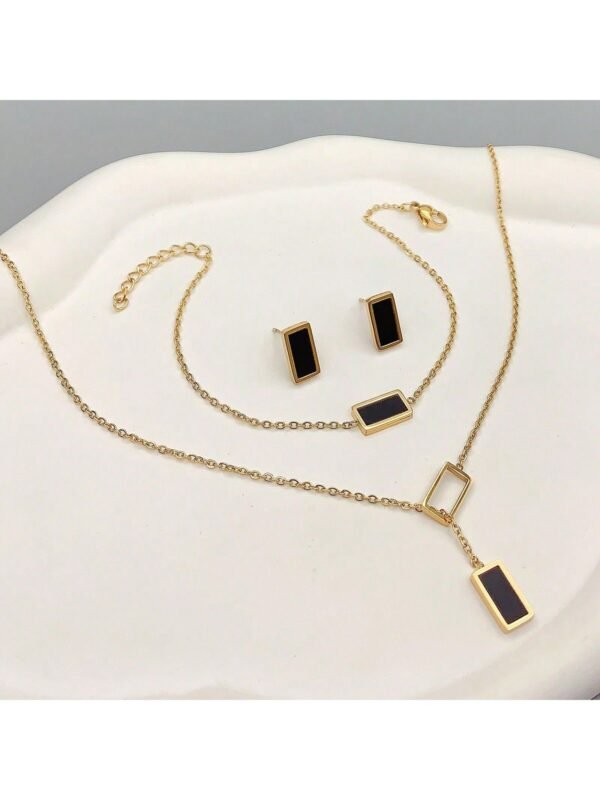 Women's Rectangular Black Shell Stainless Steel Necklace Bracelet Earrings