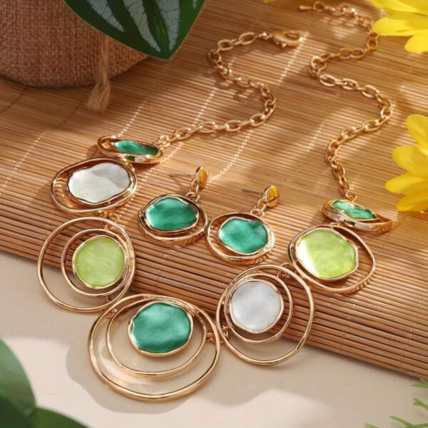 Bohemian Design Zinc Alloy Enamel Jewelry Set - Green Earrings and Necklace