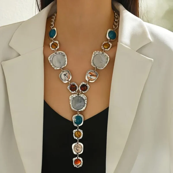 Long Y Necklace with Green and Brown Gemstones