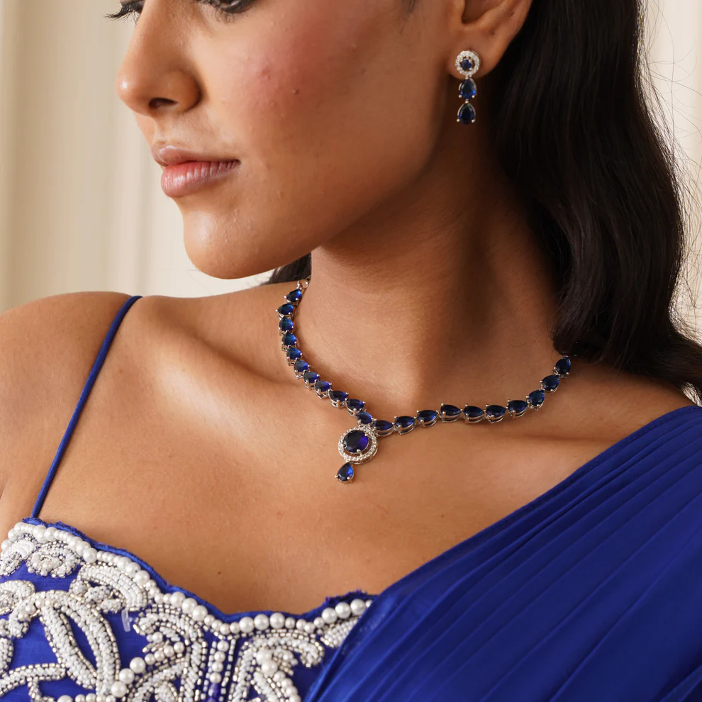 American Diamond Necklace Set- Royal Blue