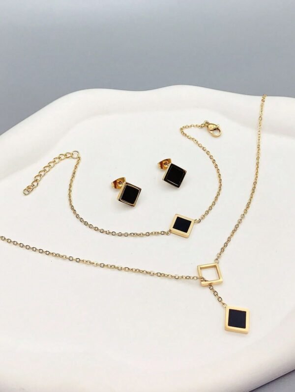 Women’s Square Black Shell Stainless Steel Necklace Bracelet Earrings